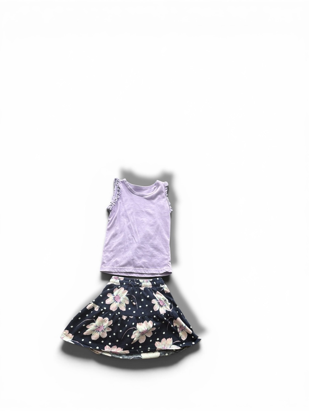 Toddler Girls 2 Piece Outfit Purple Ruffle Tank & Floral Skirt Set Size XS (2T)